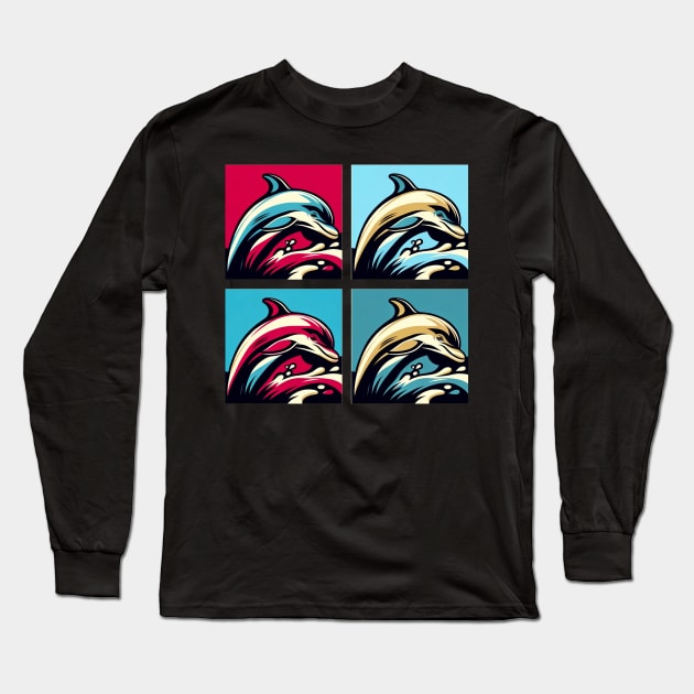 Dive into Delight: Pop Art Dolphin Print - Add Colorful Ocean Magic to Your Space! Long Sleeve T-Shirt by PawPopArt